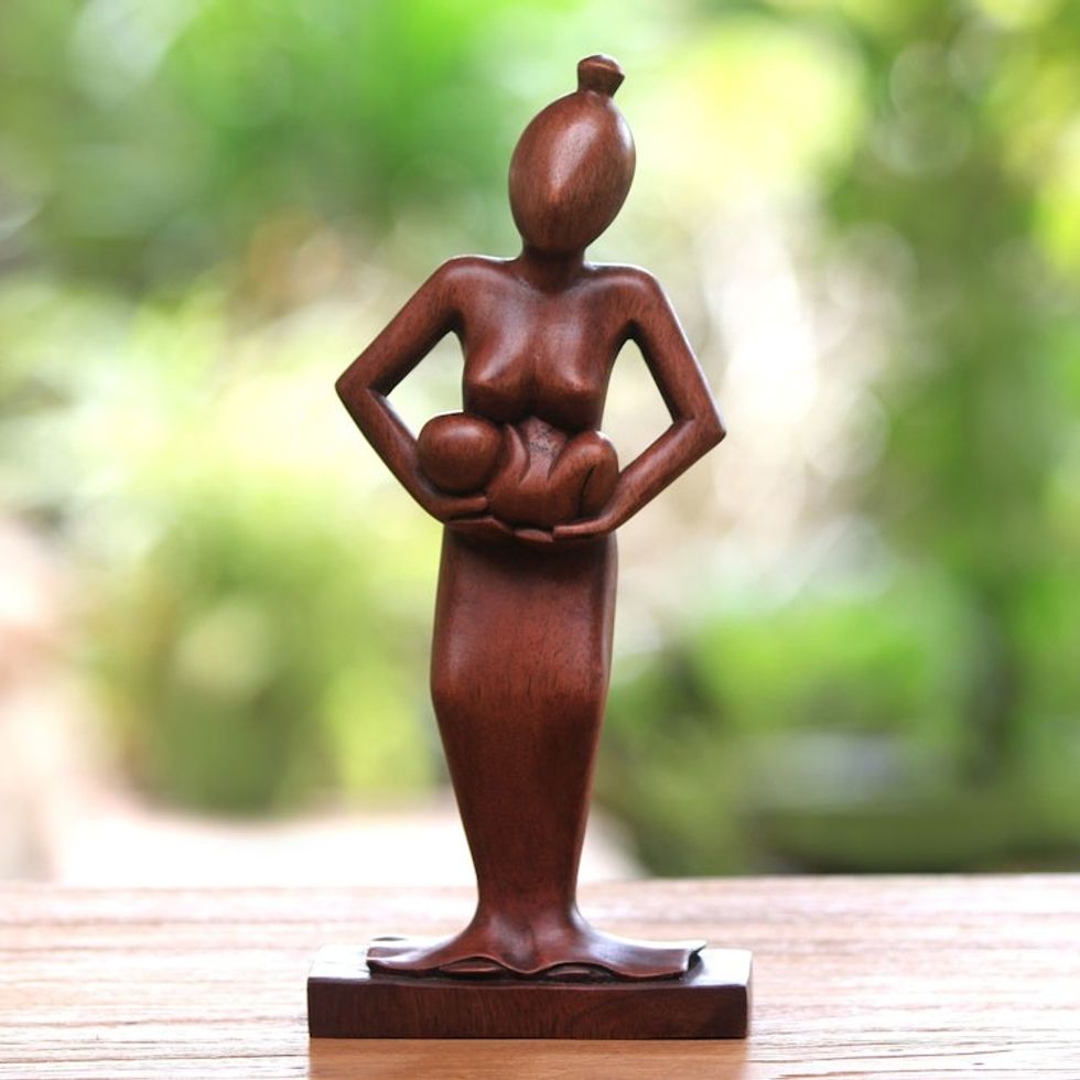 Hand Carved Mother Cradling Baby in Arms Wood Statuette 'Adoring Mother'