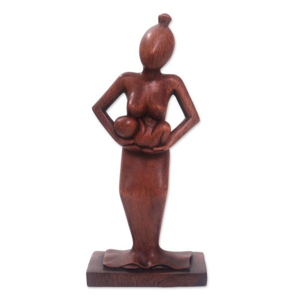 Alternate image for Hand Carved Mother Cradling Baby in Arms Wood Statuette Adoring Mother