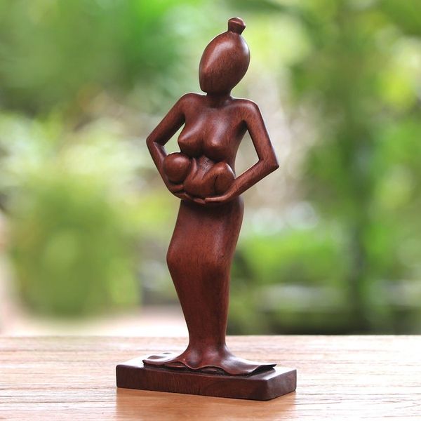Alternate image for Hand Carved Mother Cradling Baby in Arms Wood Statuette Adoring Mother