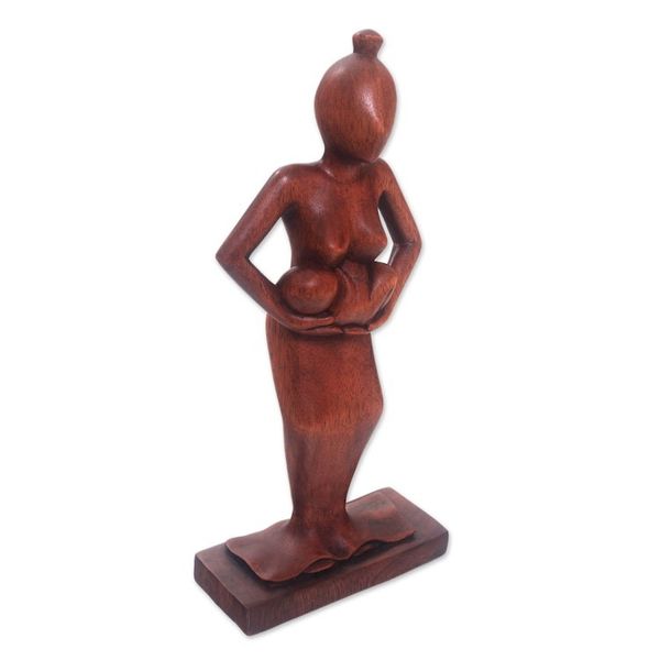 Alternate image for Hand Carved Mother Cradling Baby in Arms Wood Statuette Adoring Mother
