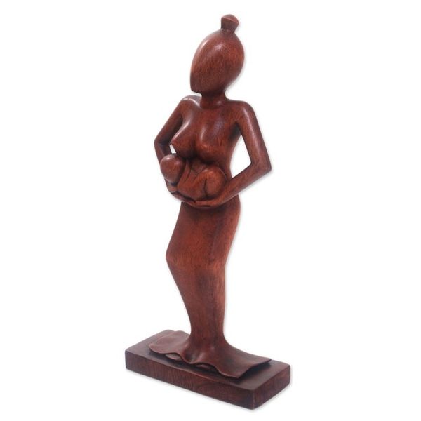 Alternate image for Hand Carved Mother Cradling Baby in Arms Wood Statuette Adoring Mother