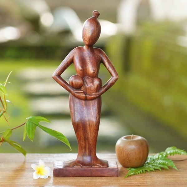 Alternate image for Hand Carved Mother Cradling Baby in Arms Wood Statuette Adoring Mother