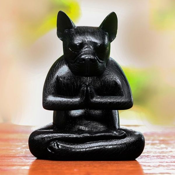 Alternate image for Yoga Meditation Black Boston Terrier Handmade Wood Statuette Yoga Boston Terrier in Black