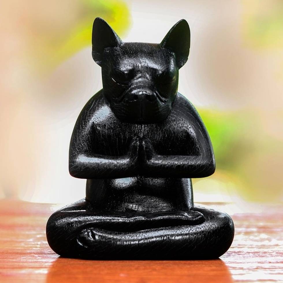 Yoga Meditation Black Boston Terrier Handmade Wood Statuette 'Yoga Boston Terrier in Black'