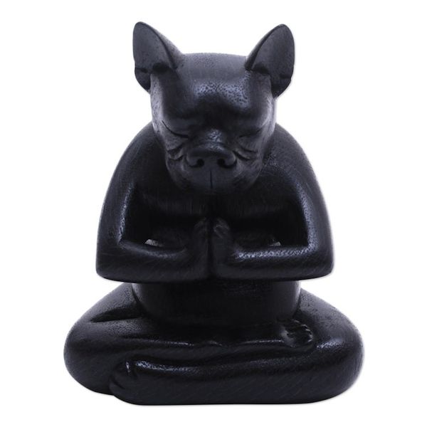 Alternate image for Yoga Meditation Black Boston Terrier Handmade Wood Statuette Yoga Boston Terrier in Black
