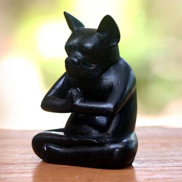 Alternate image for Yoga Meditation Black Boston Terrier Handmade Wood Statuette Yoga Boston Terrier in Black