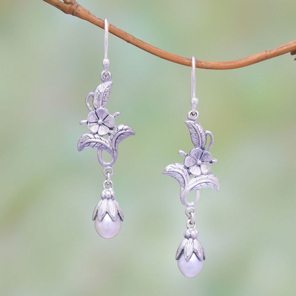 Cultured Pearl and Sterling Silver Flower Dangle Earrings 'Delicate Blooms'