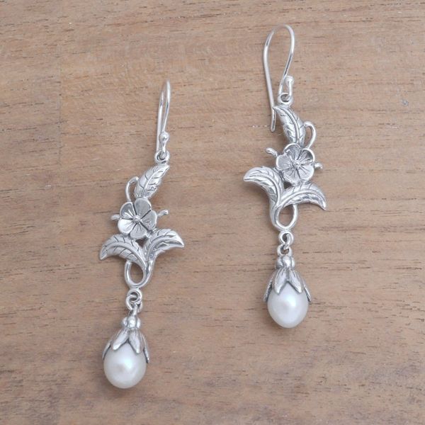 Alternate image for Cultured Pearl and Sterling Silver Flower Dangle Earrings Delicate Blooms