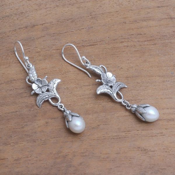 Alternate image for Cultured Pearl and Sterling Silver Flower Dangle Earrings Delicate Blooms