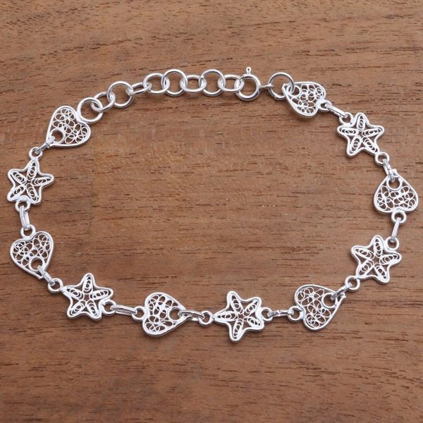Alternate image for Star and Heart Sterling Silver Filigree Link Bracelet Hearts and Stars