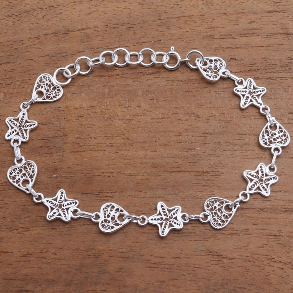 Star and Heart Sterling Silver Filigree Link Bracelet 'Hearts and Stars'
