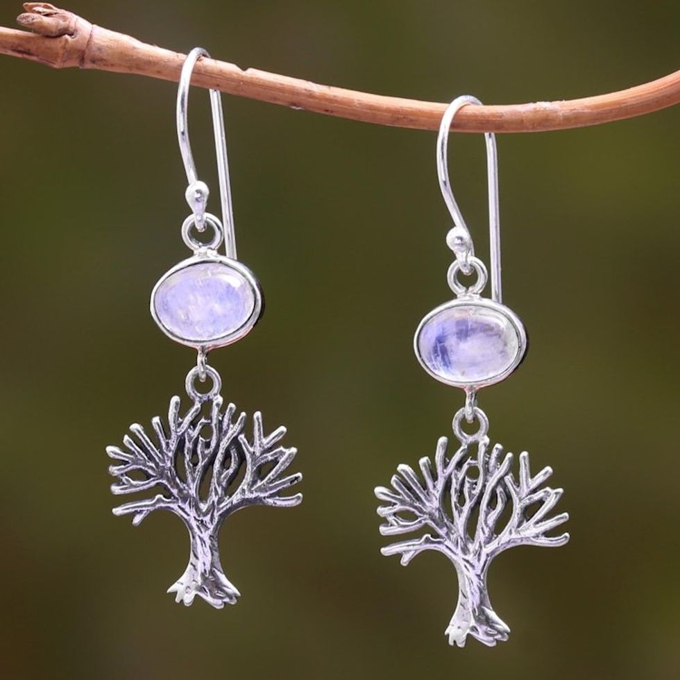 Rainbow Moonstone Tree Dangle Earrings from Bali 'Enlightenment Tree'
