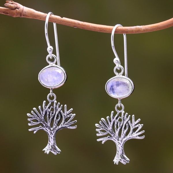 Alternate image for Rainbow Moonstone Tree Dangle Earrings from Bali Enlightenment Tree
