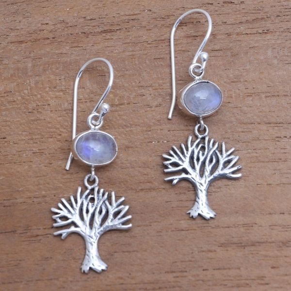Alternate image for Rainbow Moonstone Tree Dangle Earrings from Bali Enlightenment Tree