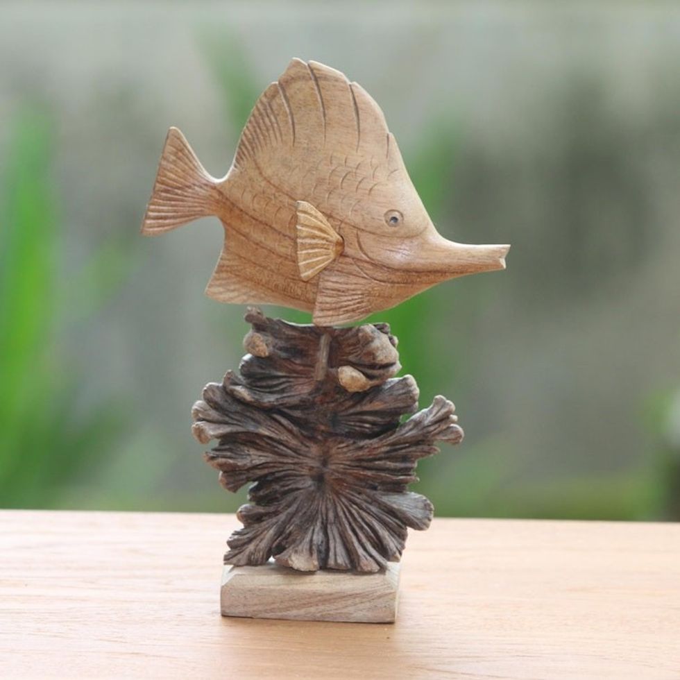 Hand-Carved Jempinis Wood Swimming Tang Fish Sculpture 'Tang Fish'