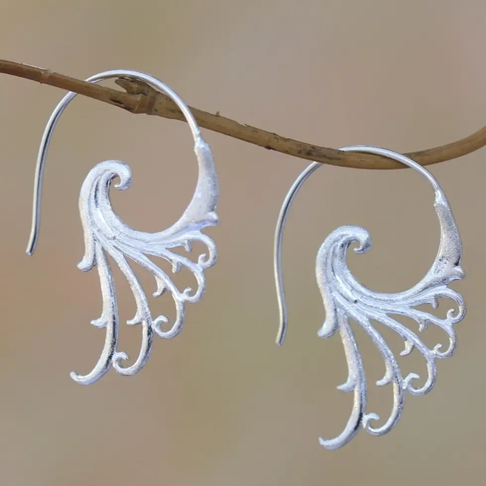Curling Motif Sterling Silver Half-Hoop Earrings from Bali 'Angelic Wings'