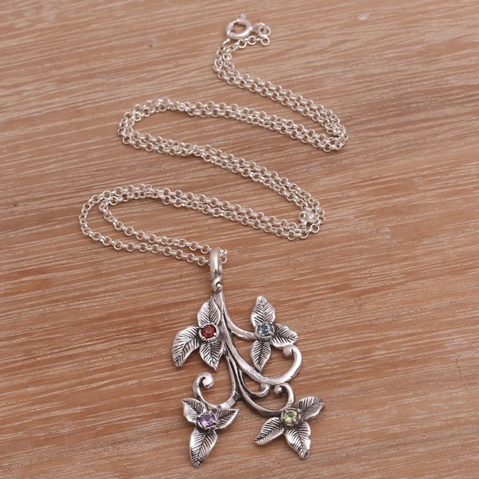 Multi-Gemstone Floral Sterling Silver Pendant Necklace 'Kembang Setaman'