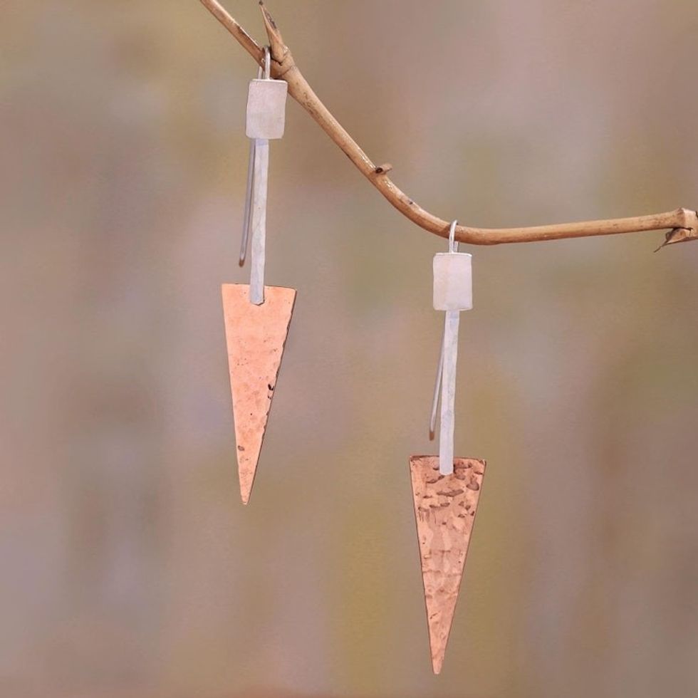 Triangular Sterling Silver and Copper Dangle Earrings 'Glistening Triangles'
