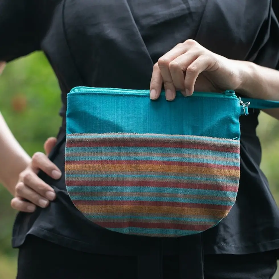 100 Cotton Striped Teal Clutch Exterior Pocket Wristlet 'Lurik Sphere Teal'