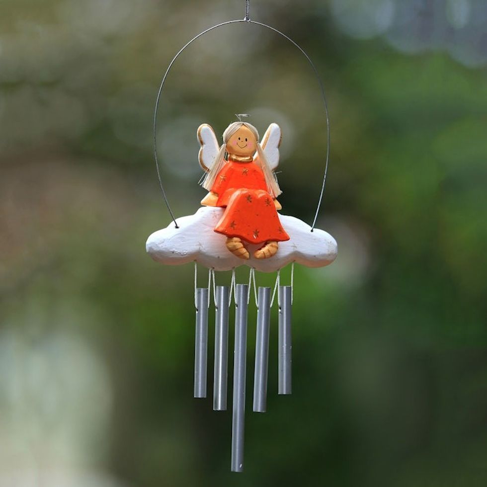 Angel-Themed Wood Wind Chime in Orange from Bali 'Angel Tune in Orange'