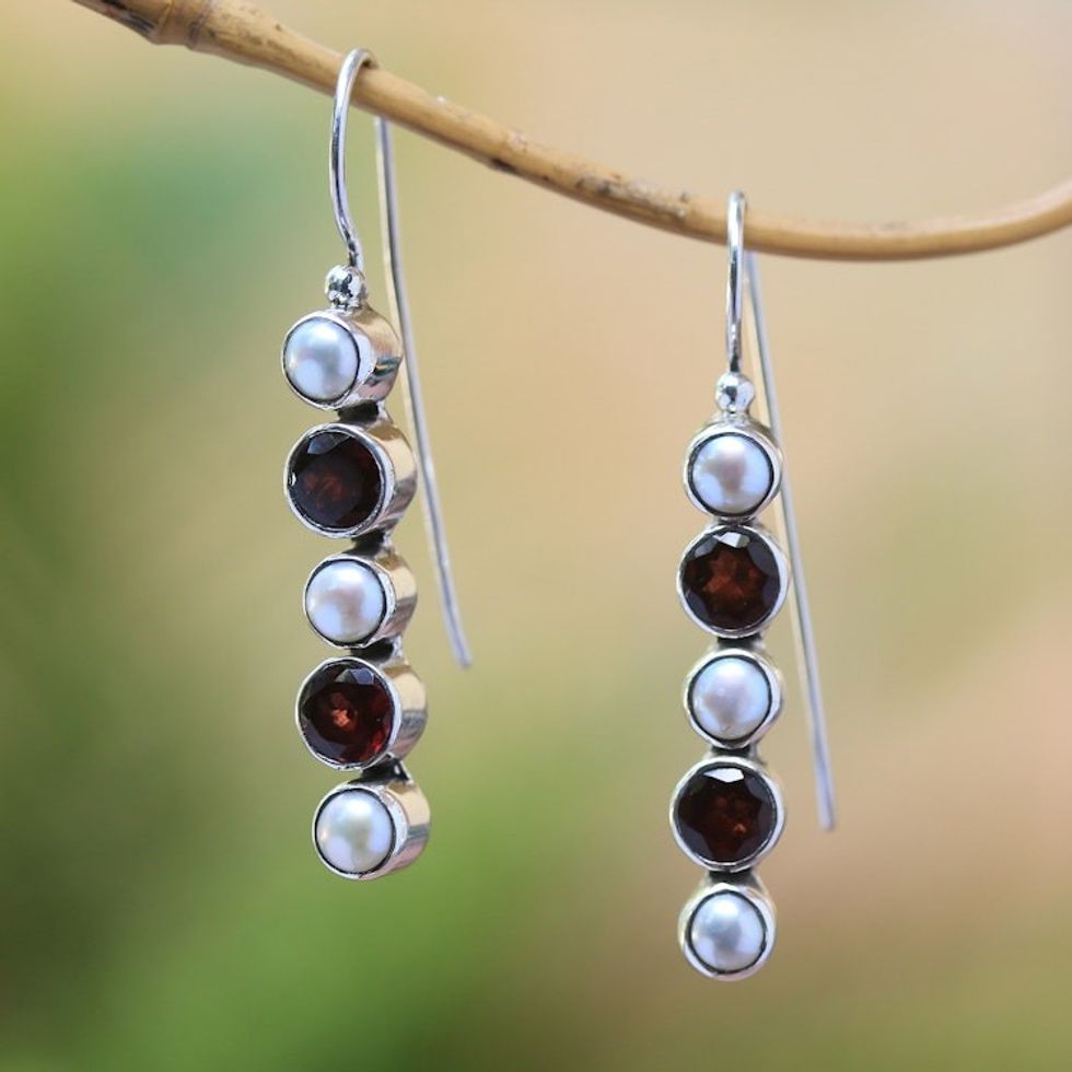 Garnet and Cultured Pearl Drop Earrings from Bali 'Beautiful Constellation'