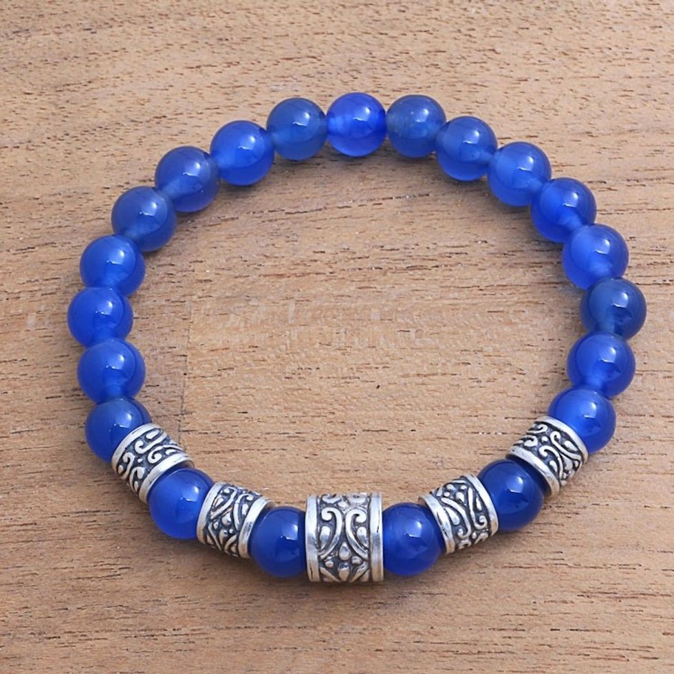 Blue Agate Beaded Stretch Bracelet from Bali 'Complete'