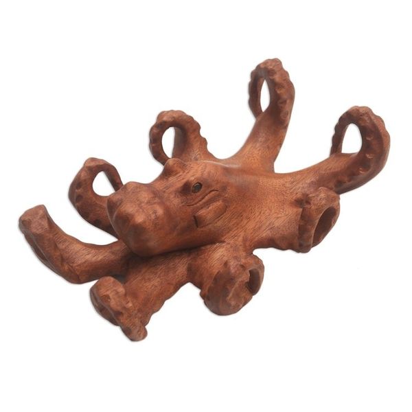Alternate image for Hand Carved Suar Wood Octopus Sculpture from Bali Wild Octopus