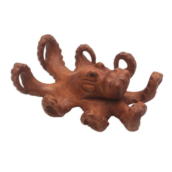 Alternate image for Hand Carved Suar Wood Octopus Sculpture from Bali Wild Octopus