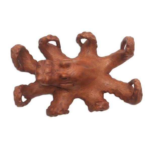 Alternate image for Hand Carved Suar Wood Octopus Sculpture from Bali Wild Octopus
