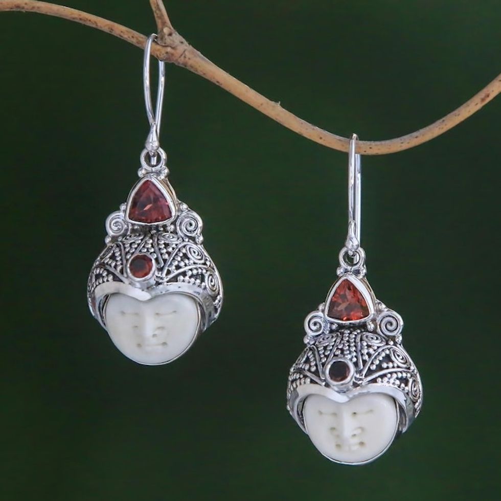 Garnet and Carved Bone Dangle Earrings from Bali 'Celuk Pangeran'
