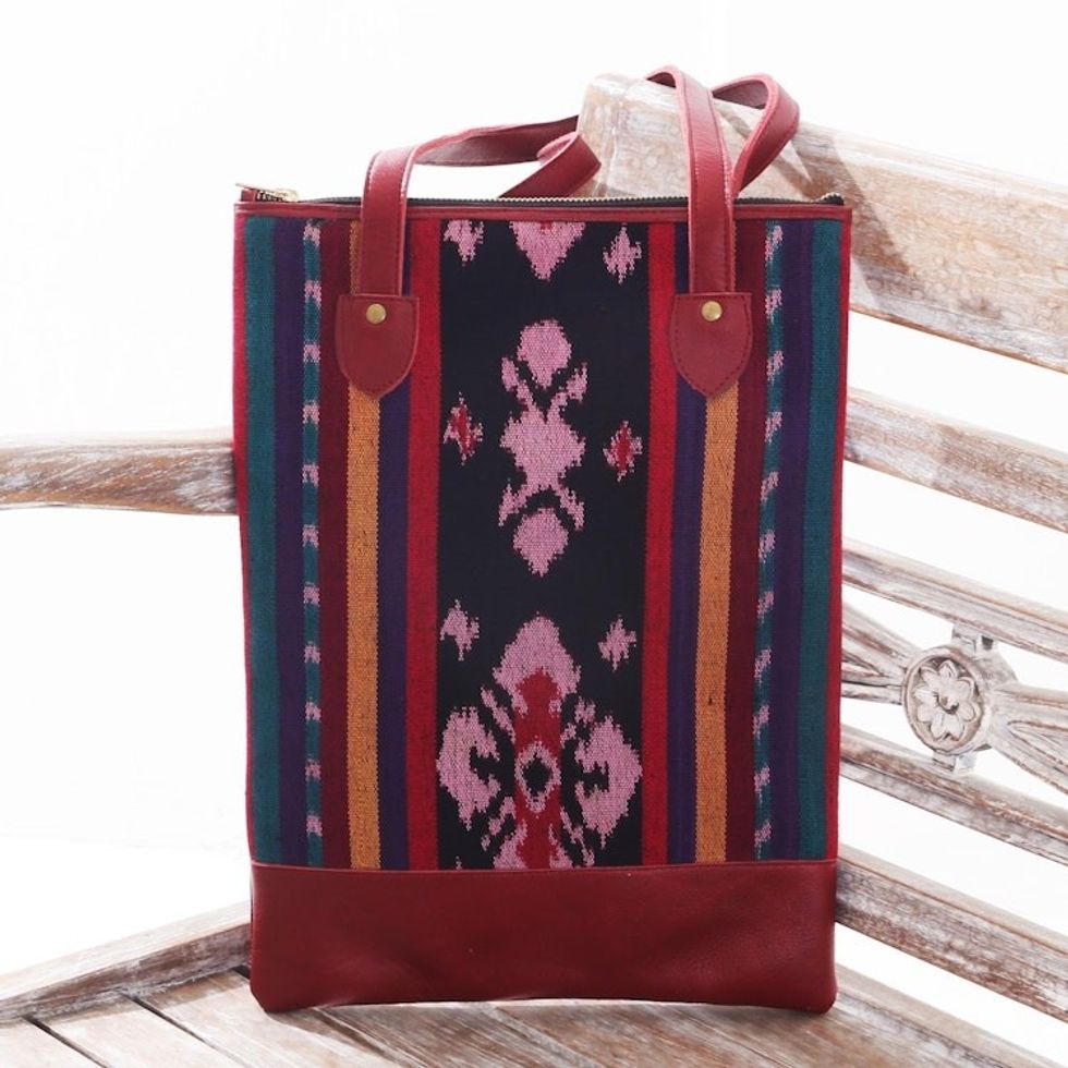 Handcrafted Jepara Ikat Leather Accent Cotton Shoulder Bag 'Jepara Weave'