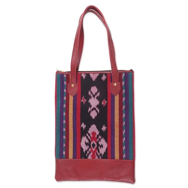 Alternate image for Handcrafted Jepara Ikat Leather Accent Cotton Shoulder Bag Jepara Weave