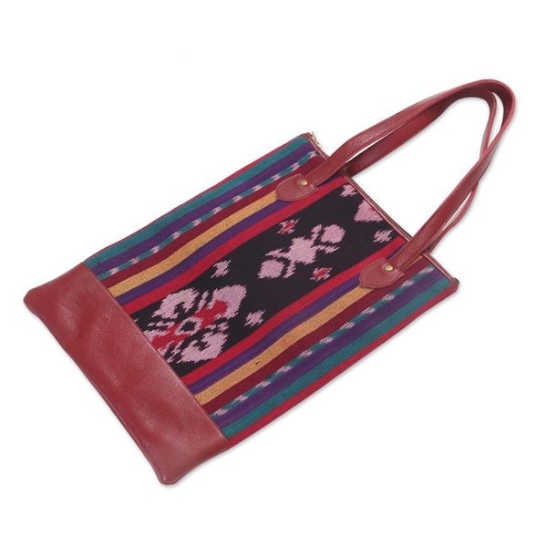 Alternate image for Handcrafted Jepara Ikat Leather Accent Cotton Shoulder Bag Jepara Weave