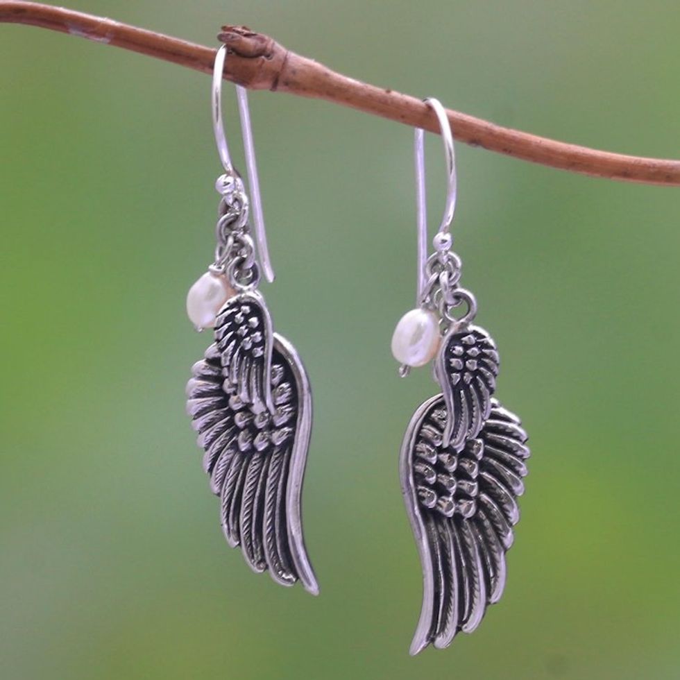 Cultured Pearl Wing Dangle Earrings from Bali 'Winged Glow'