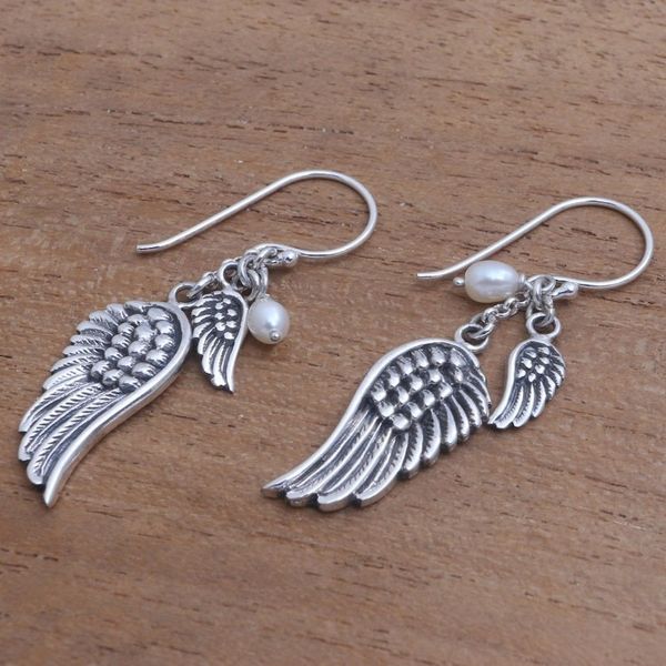 Alternate image for Cultured Pearl Wing Dangle Earrings from Bali Winged Glow