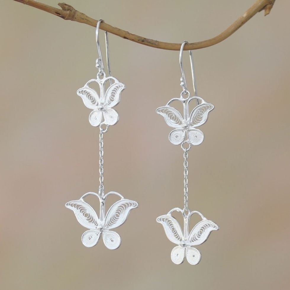 Sterling Silver Filigree Butterfly Elongated Dangle Earrings 'Filigree Butterflies'