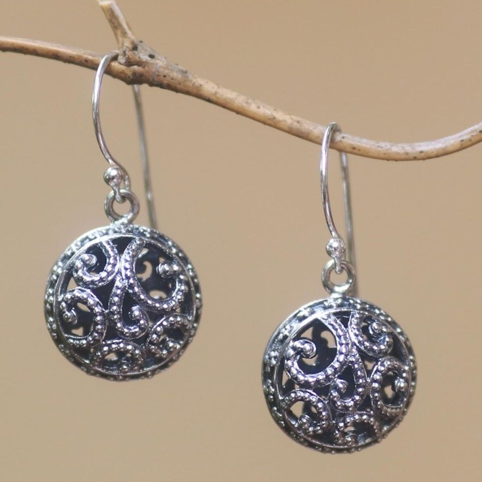 Dot Pattern Openwork Sterling Silver Dangle Earrings 'Dewy Disc'