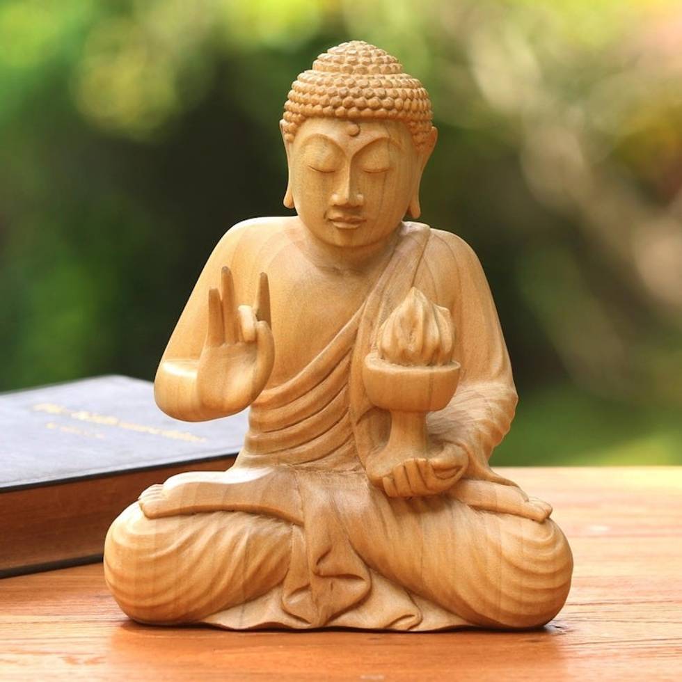 Hand-Carved Wood Sculpture of Buddha Holding Fire 'Buddha's Fire'