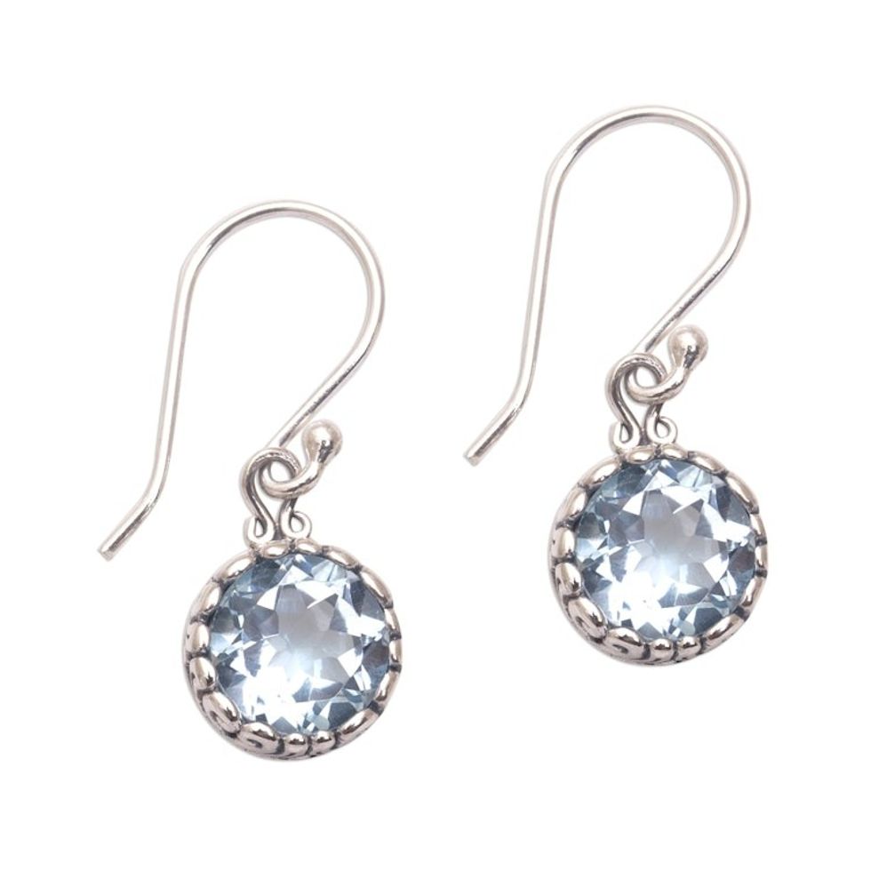 Blue Topaz Round Faceted Dangle Earrings from Bali 'Temptation Blue'