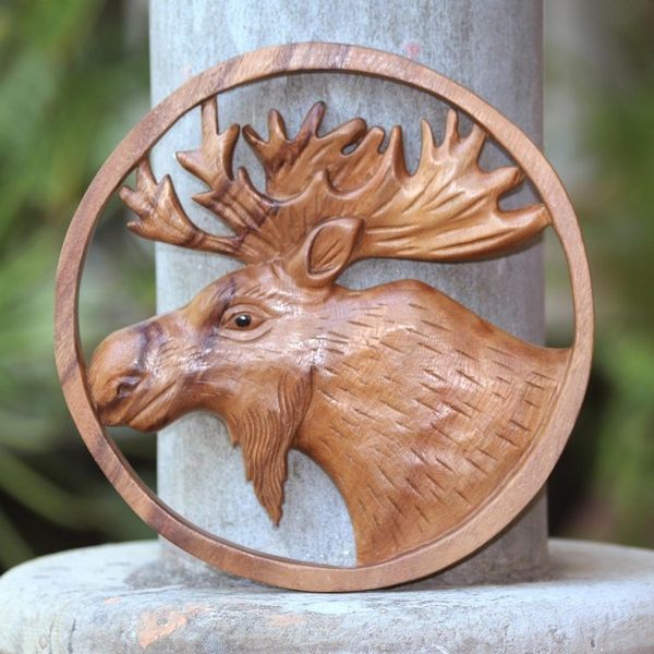 Alternate image for Hand Carved Suar Wood Moose Wall Panel Moose Portrait