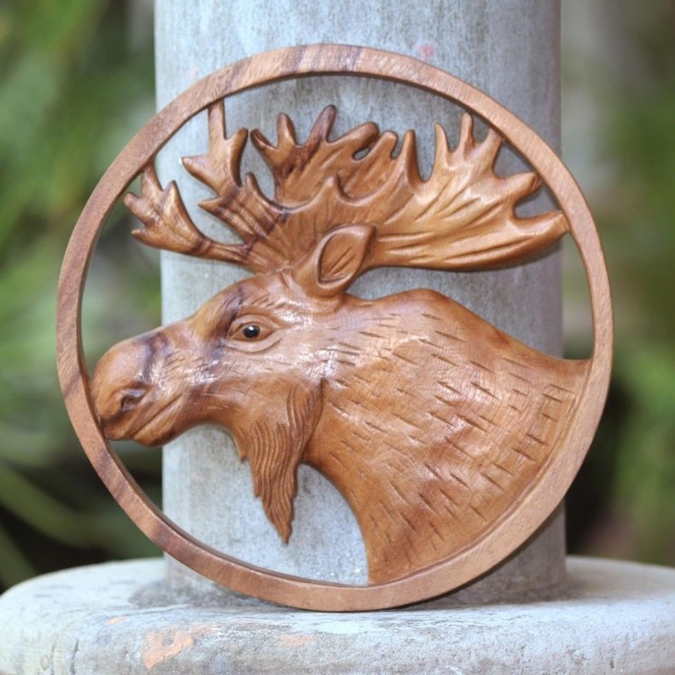 Hand Carved Suar Wood Moose Wall Panel 'Moose Portrait'