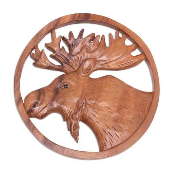 Alternate image for Hand Carved Suar Wood Moose Wall Panel Moose Portrait