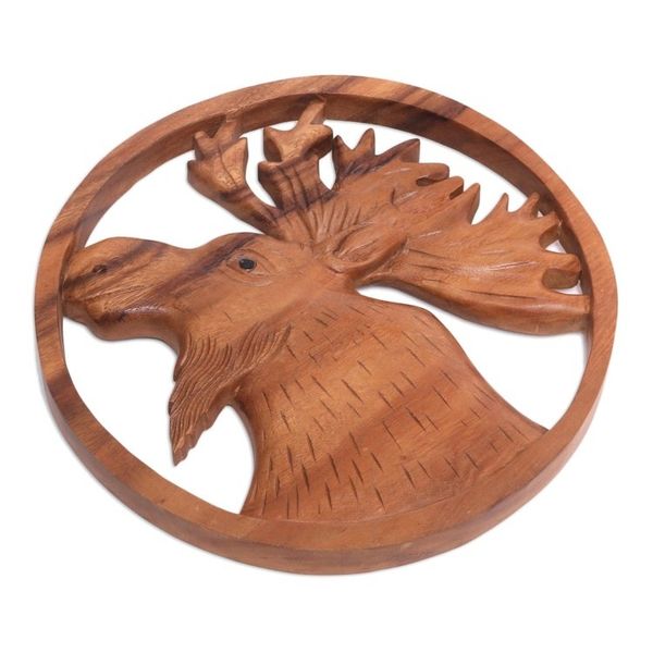 Alternate image for Hand Carved Suar Wood Moose Wall Panel Moose Portrait
