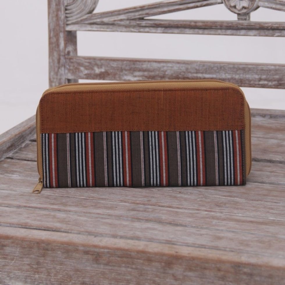 Hand Woven Brown Striped Cotton Wallet with Zipper Closure 'Humble Lurik Brown'