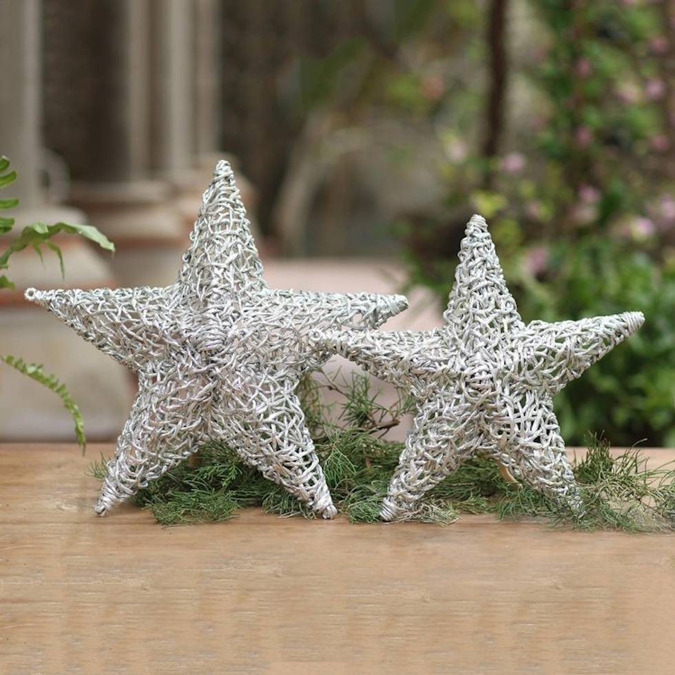 Handmade Eco-Friendly Plastic Star Wall Art Pair 'Woven Stars'
