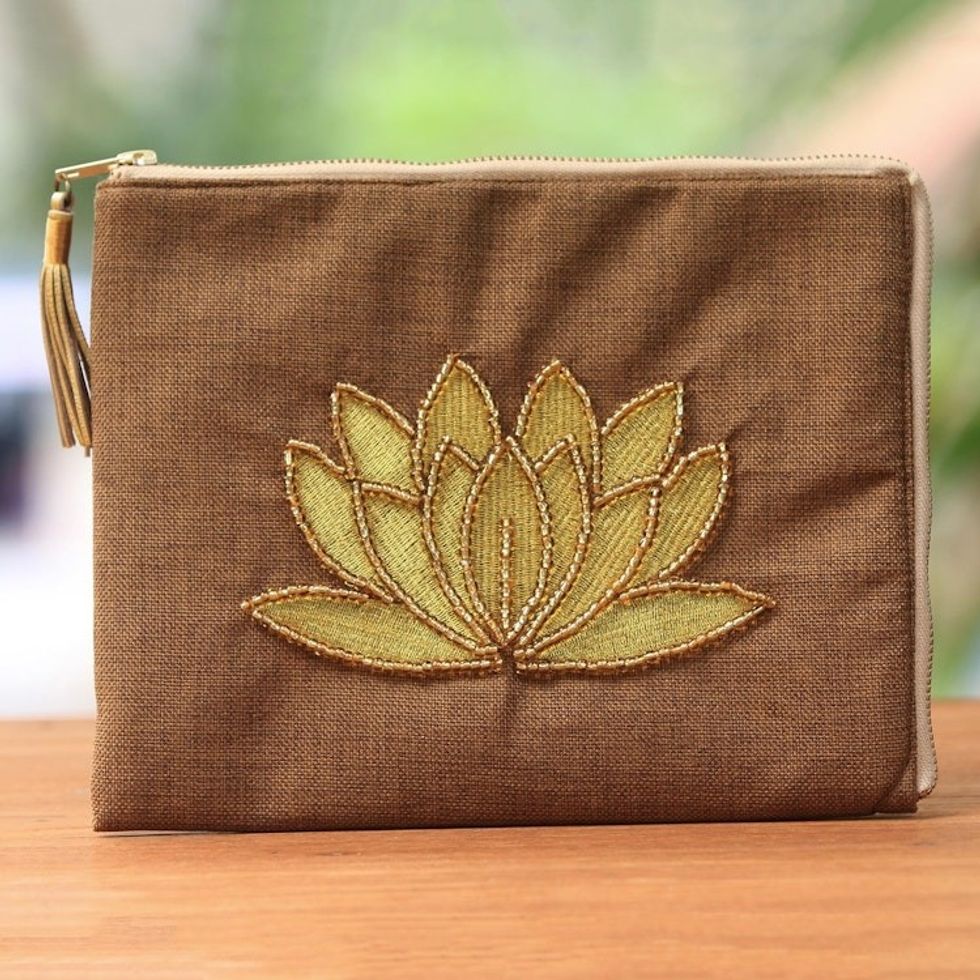 Floral Embellished Jute Coin Purse in Tan from Java 'God's Grace in Tan'