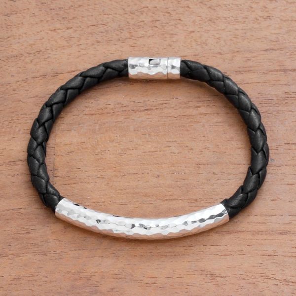 Alternate image for Sterling Silver and Leather Braided Pendant Bracelet Soul Gleam