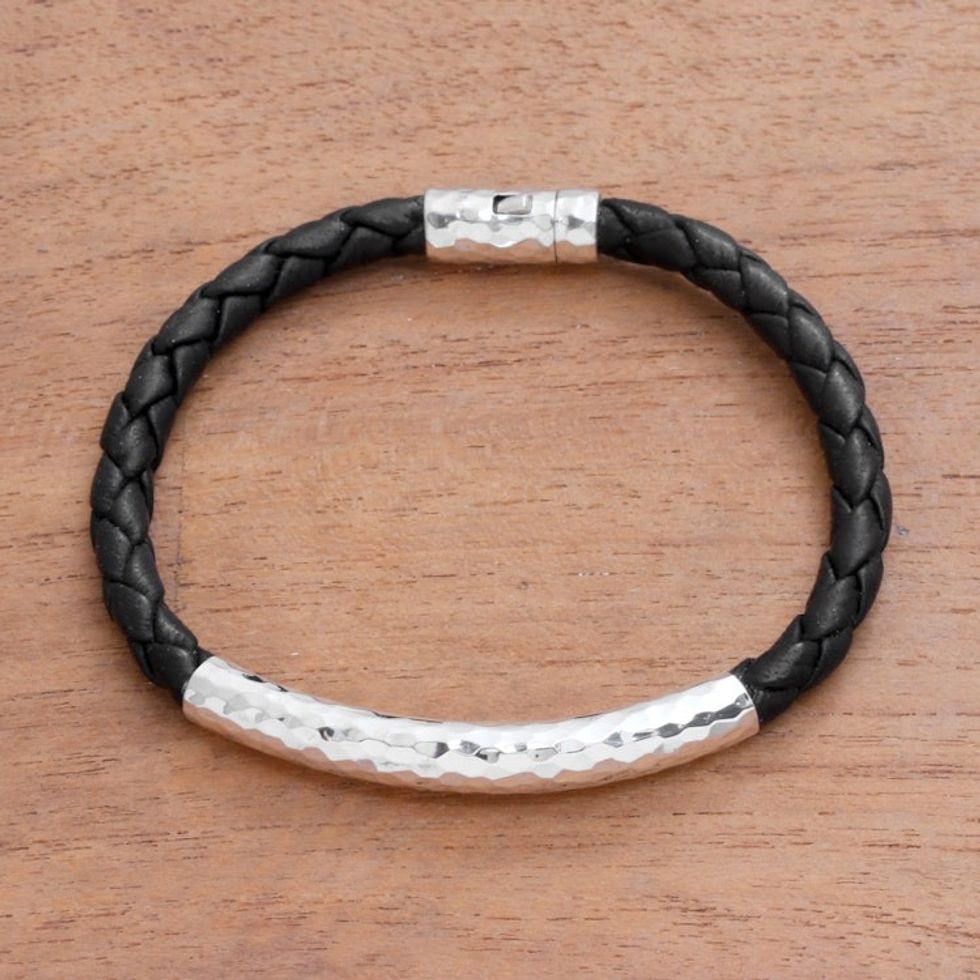 Sterling Silver and Leather Braided Pendant Bracelet 'Soul Gleam'