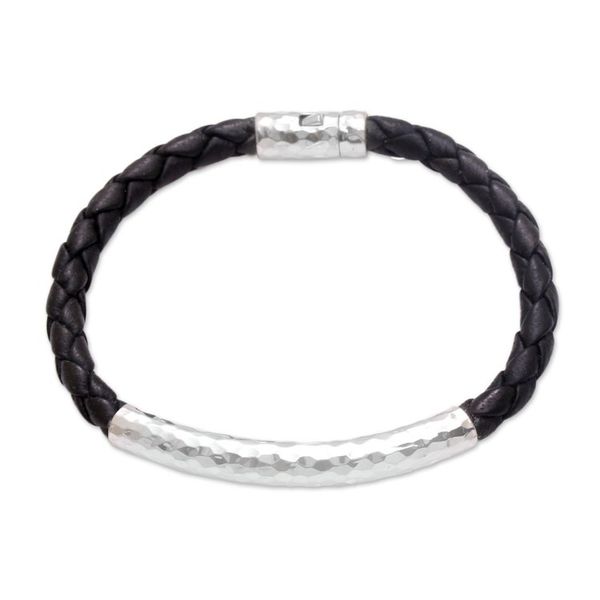 Alternate image for Sterling Silver and Leather Braided Pendant Bracelet Soul Gleam