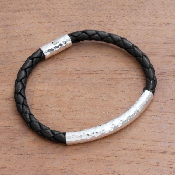Alternate image for Sterling Silver and Leather Braided Pendant Bracelet Soul Gleam